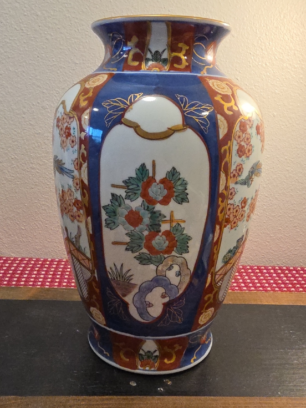 Vintage Gold Imari Japanese Blue and Rust Floral Porcelain Vase